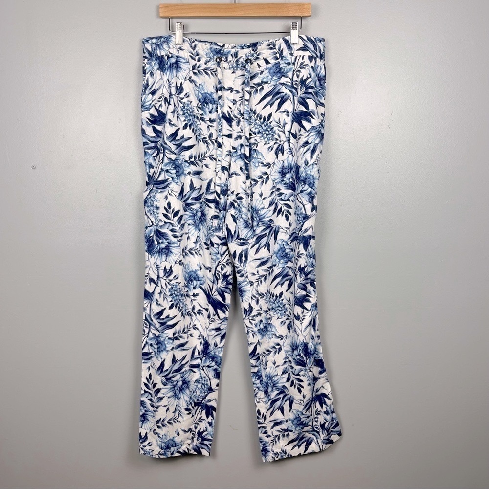 Per Se blue & white floral linen viscose pullon drawstring pants, large.